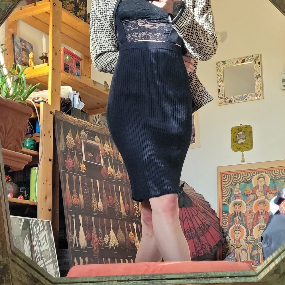 Obey Black Midi Pencil Ribbed Skirt Overalls With Metallic Fiber - Size Xs